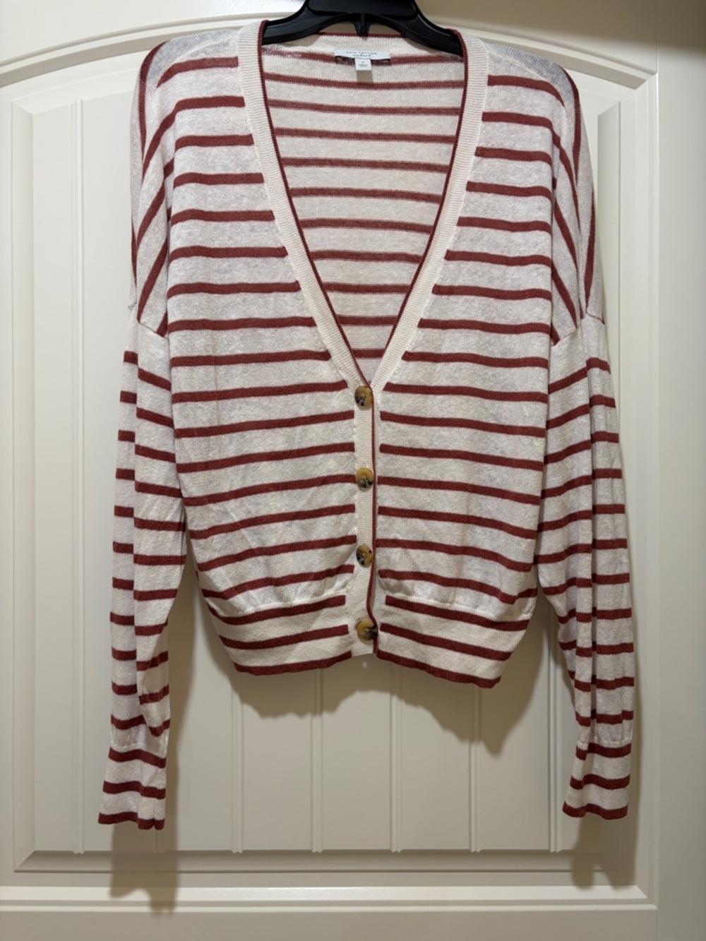 Ann Taylor Cream and Red Striped V-Neck Button Cardigan